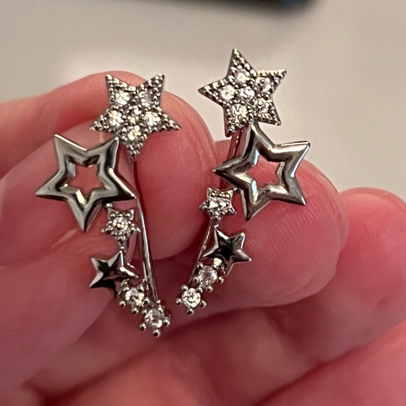 Silver Diamond Star Ear Climbers - Picture 1 of 5